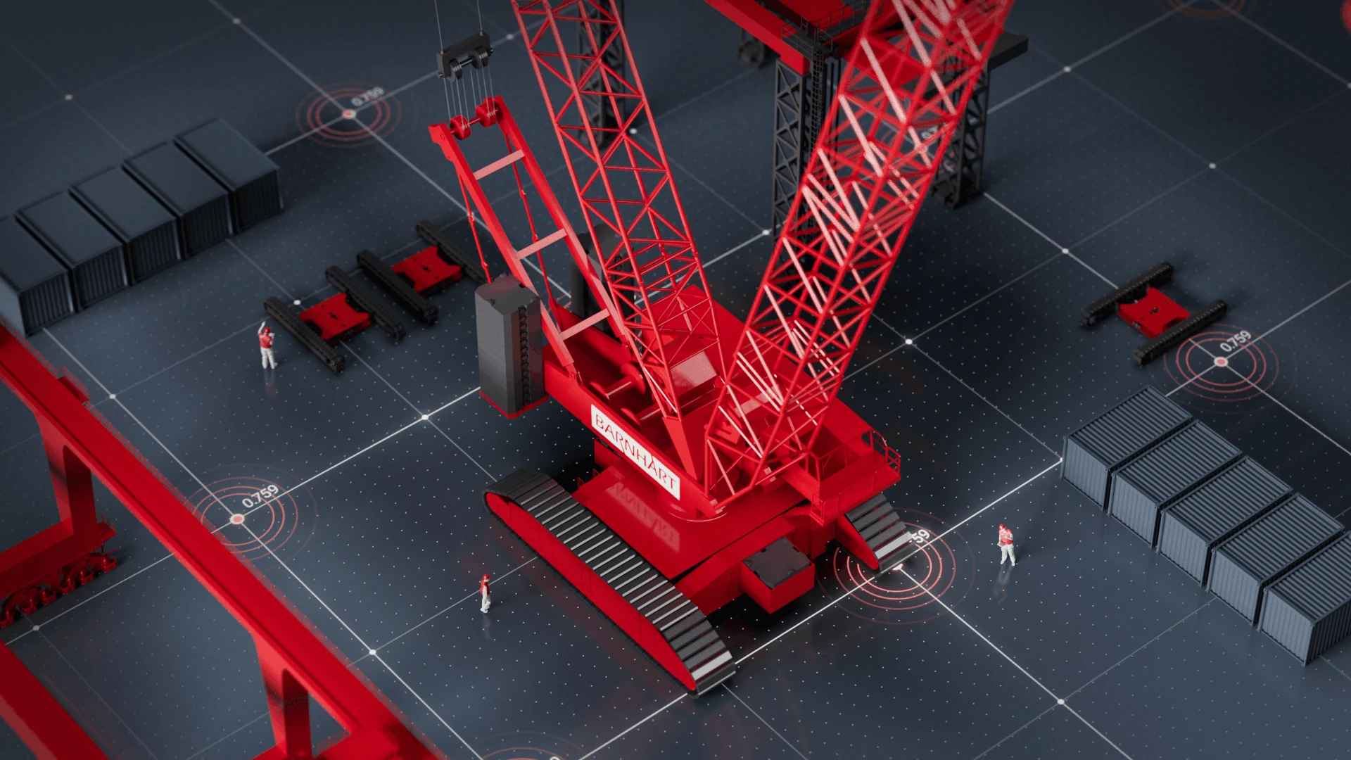 Red crane on a dark technical grid