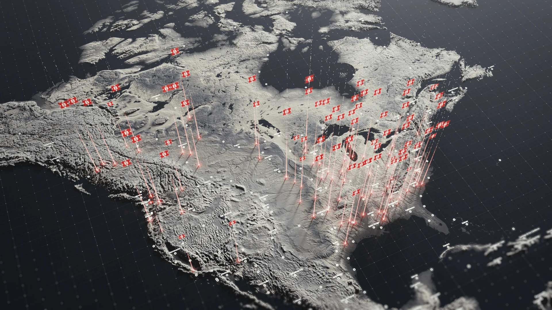 A relief map with illuminated location markers