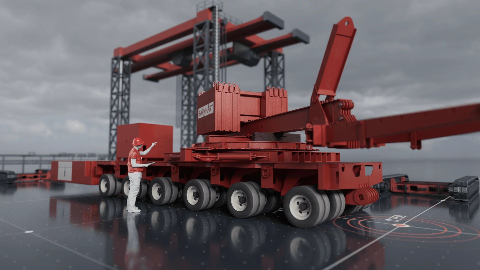 Red Barnhart heavy transport machinery on a wet industrial surface