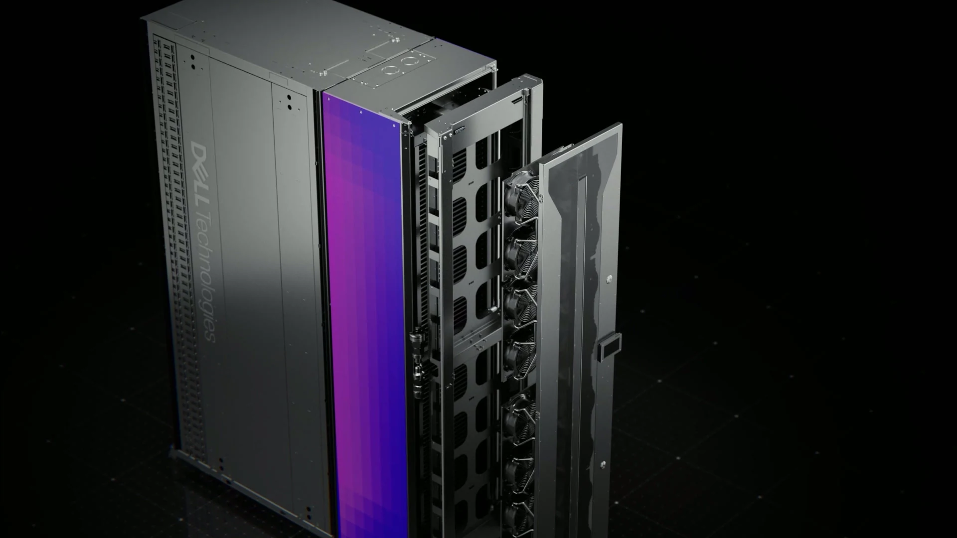 Exploded view of a Dell server with a purple panel and visible cooling fans
