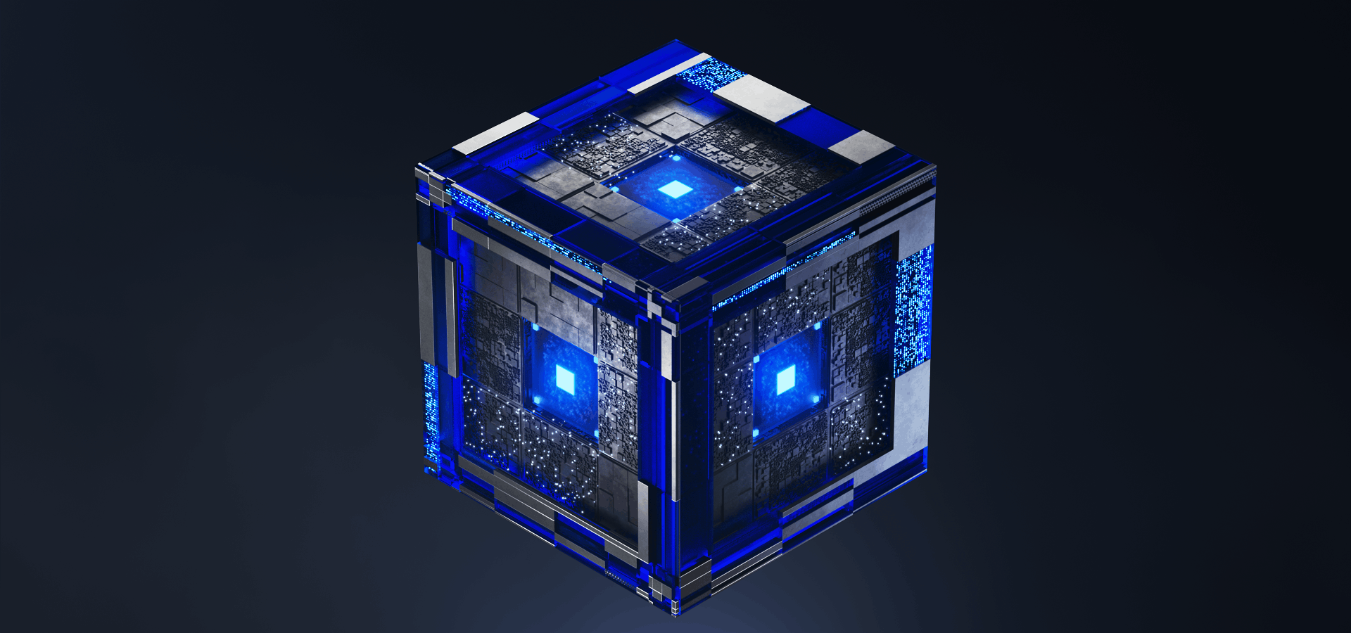 Architectural blue cube with precise illuminated channels created for Dell Global Marketing