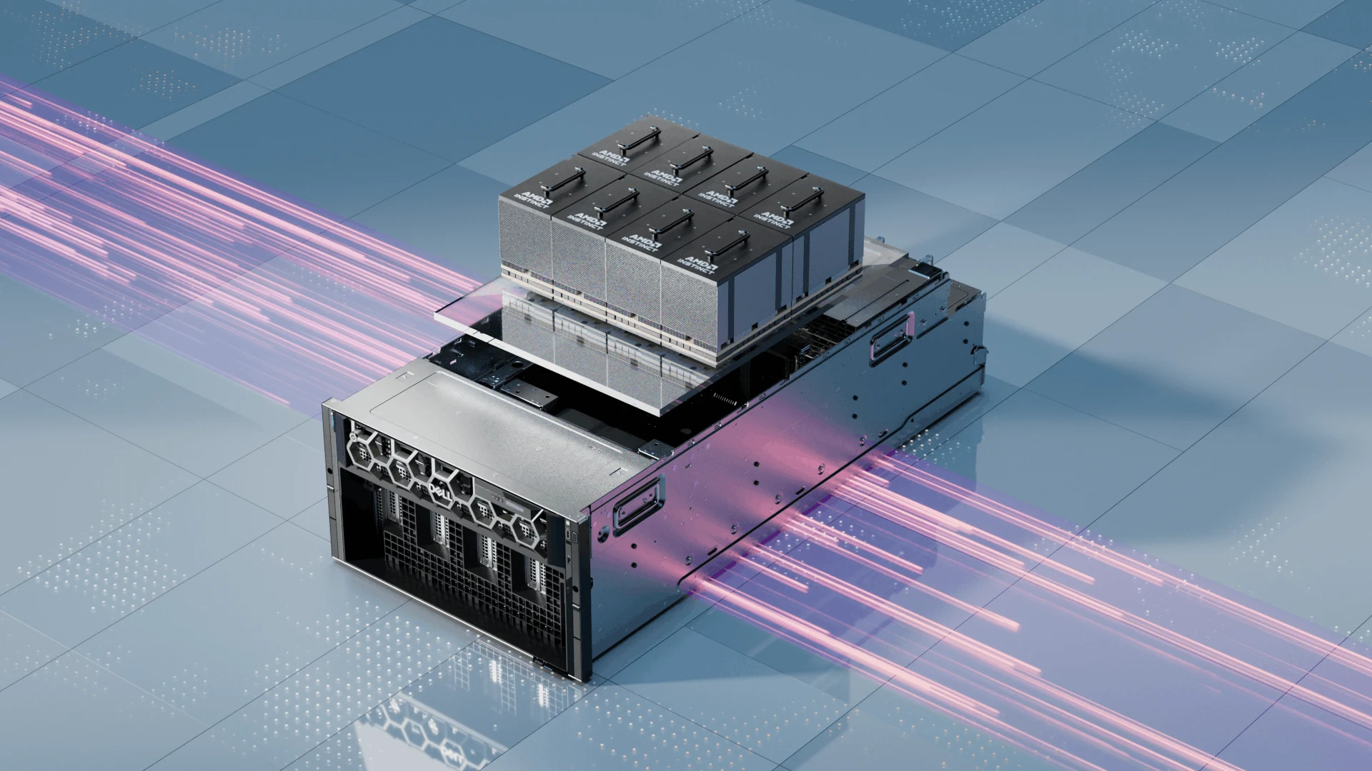 Open server enclosure with internal modules and light trails
