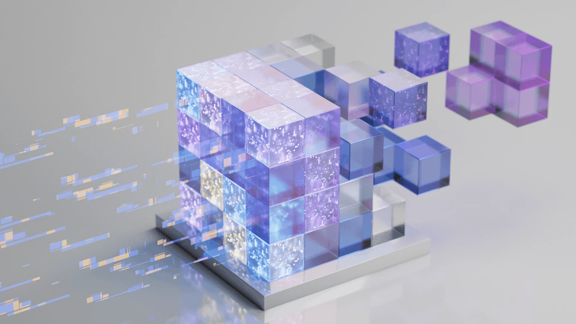 Violet translucent cubes arranged above a small platform