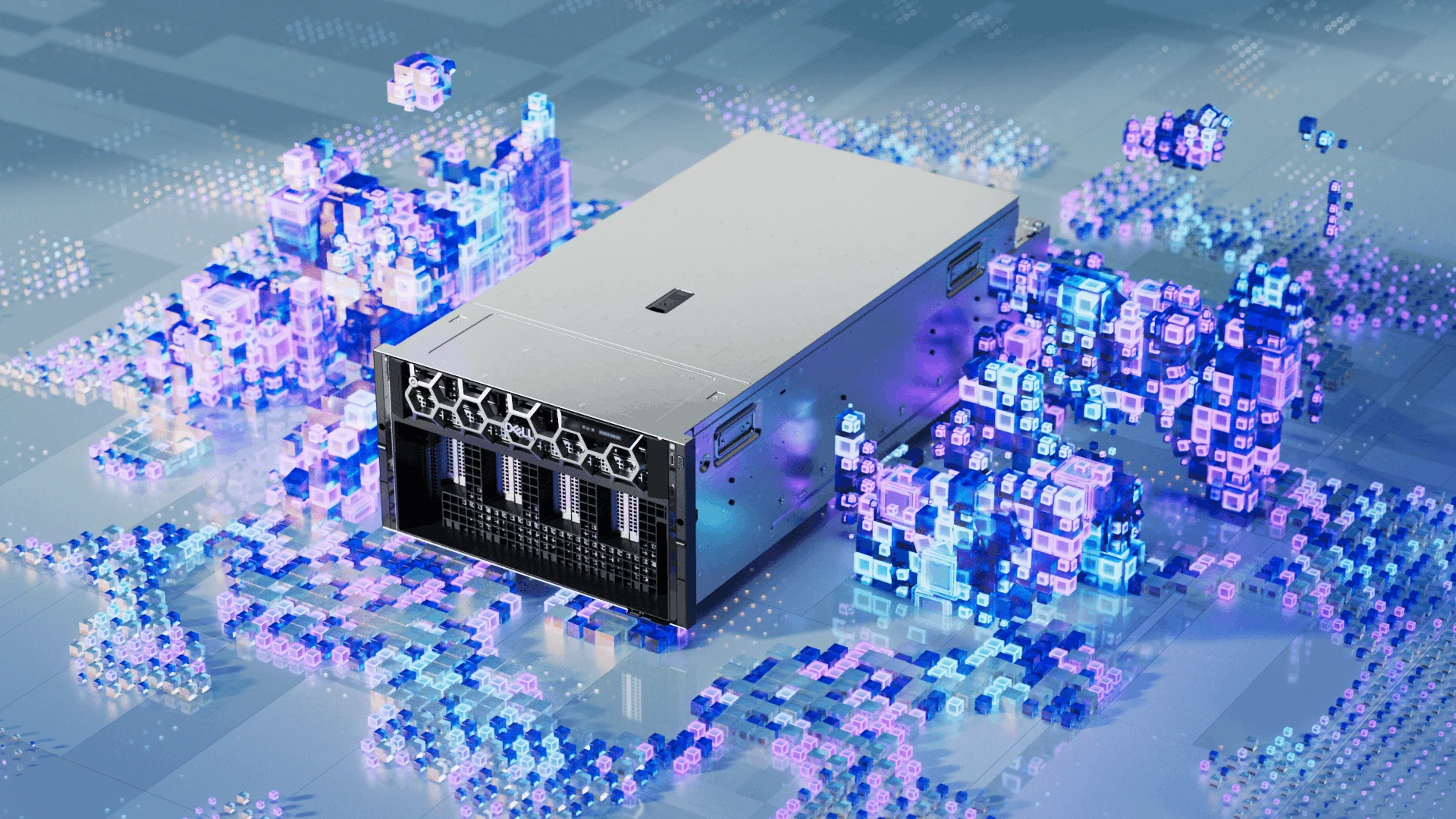 Dell server surrounded by translucent purple and blue cubes