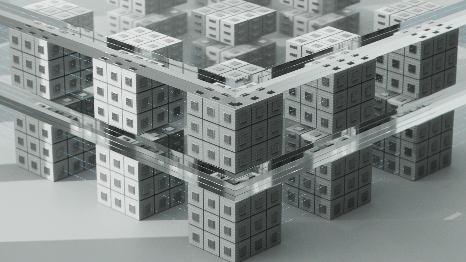 An exploded arrangement of modular metallic cubes