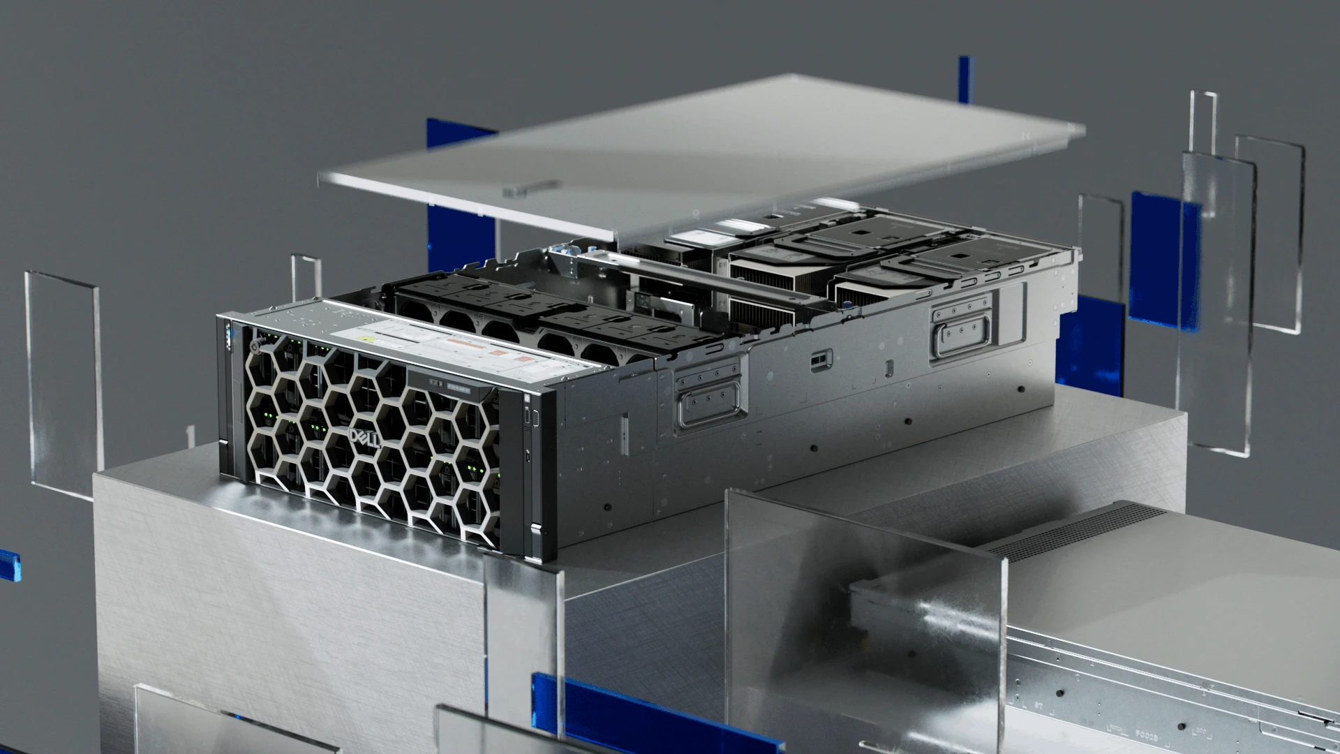 Dell server with separated panels and visible internal hardware