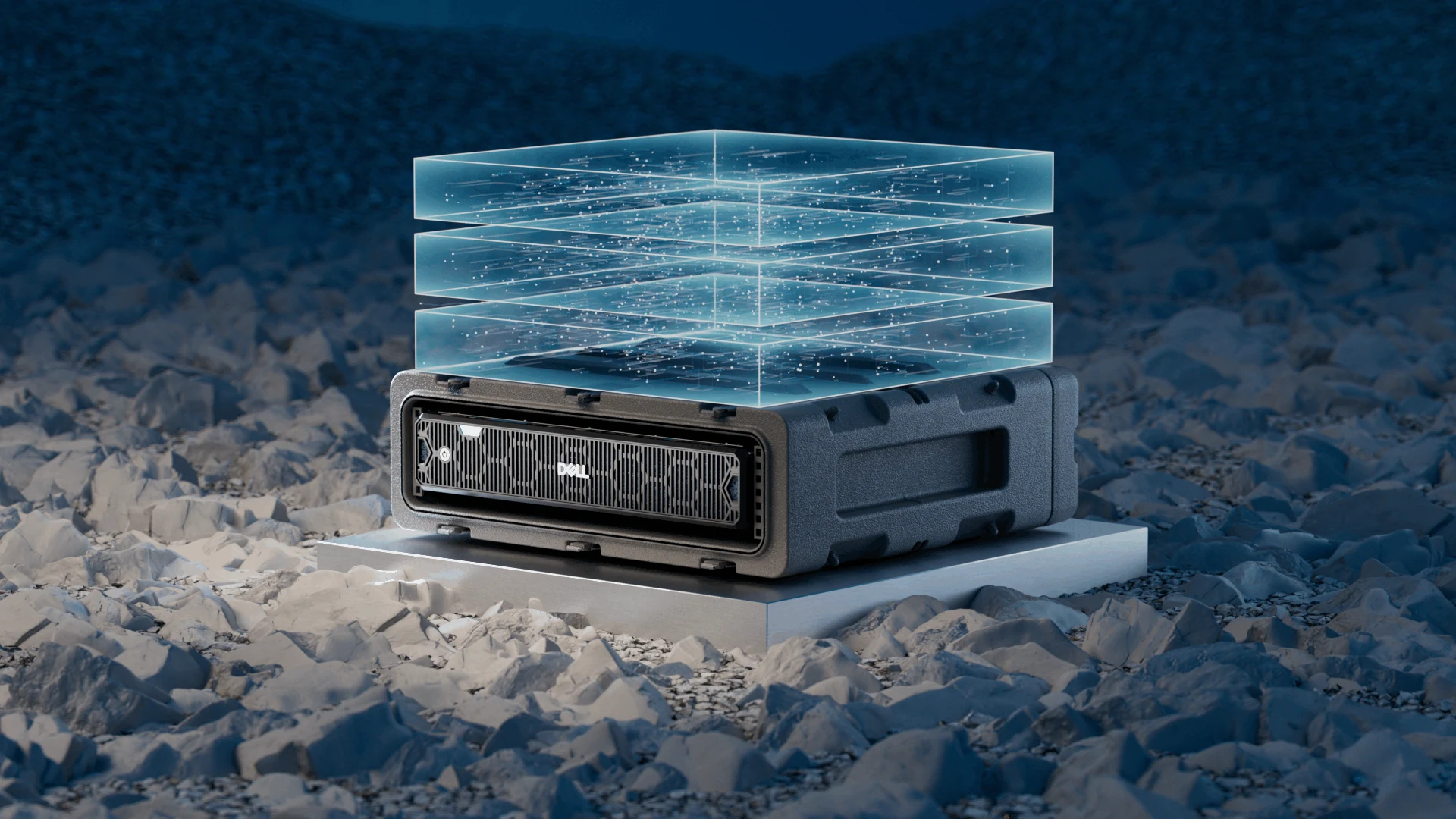 Server beneath stacked translucent layers in a rocky environment