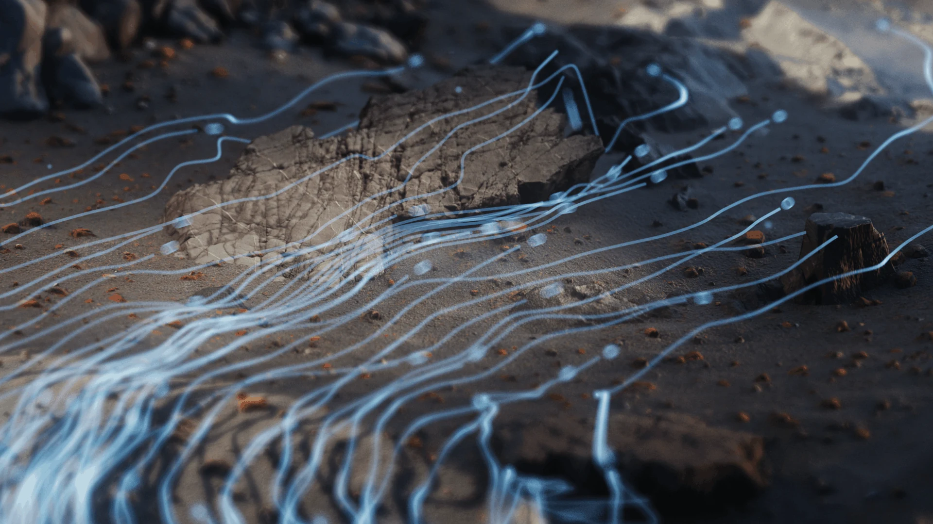 Blue light trails crossing a textured landscape