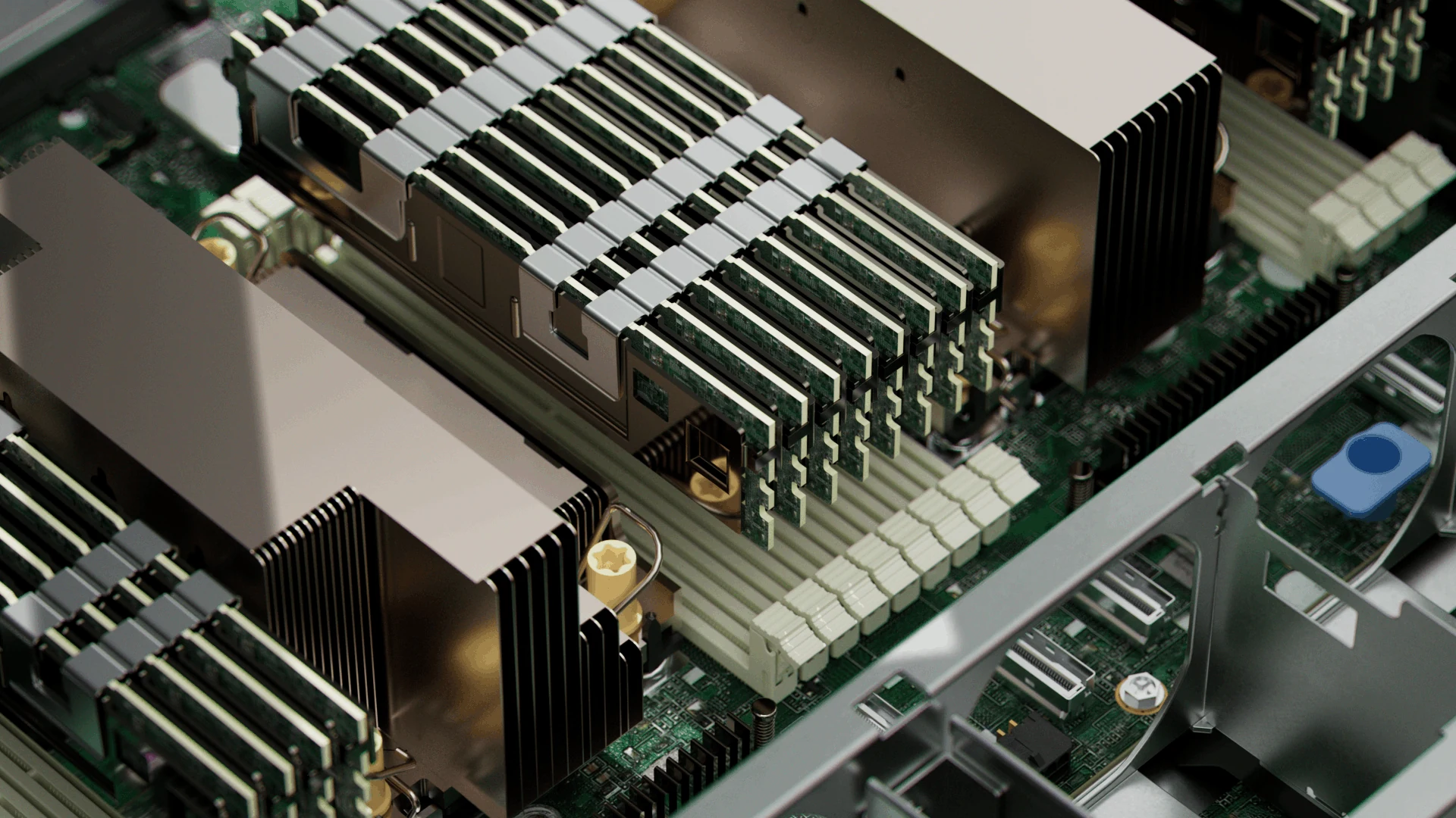 Detailed server motherboard with memory slots and metallic cooling structures