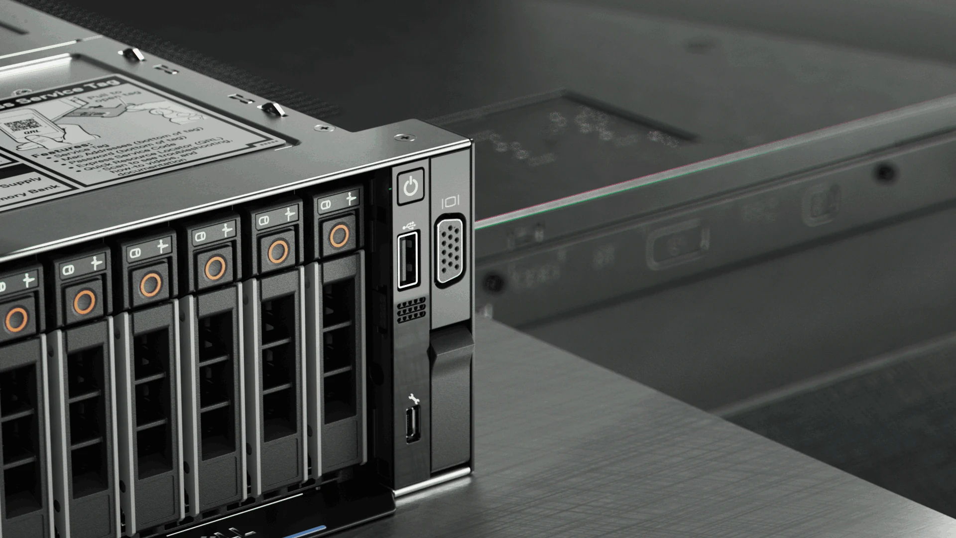 Close-up of the drive bays and ventilation on a Dell server
