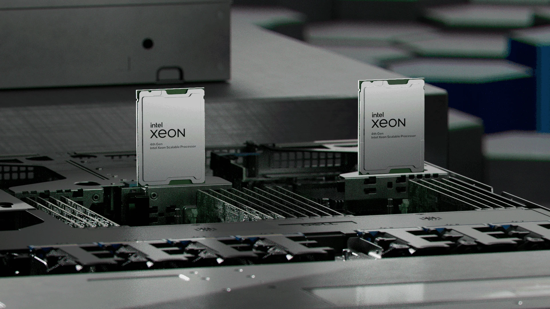 Two processors suspended above their motherboard sockets