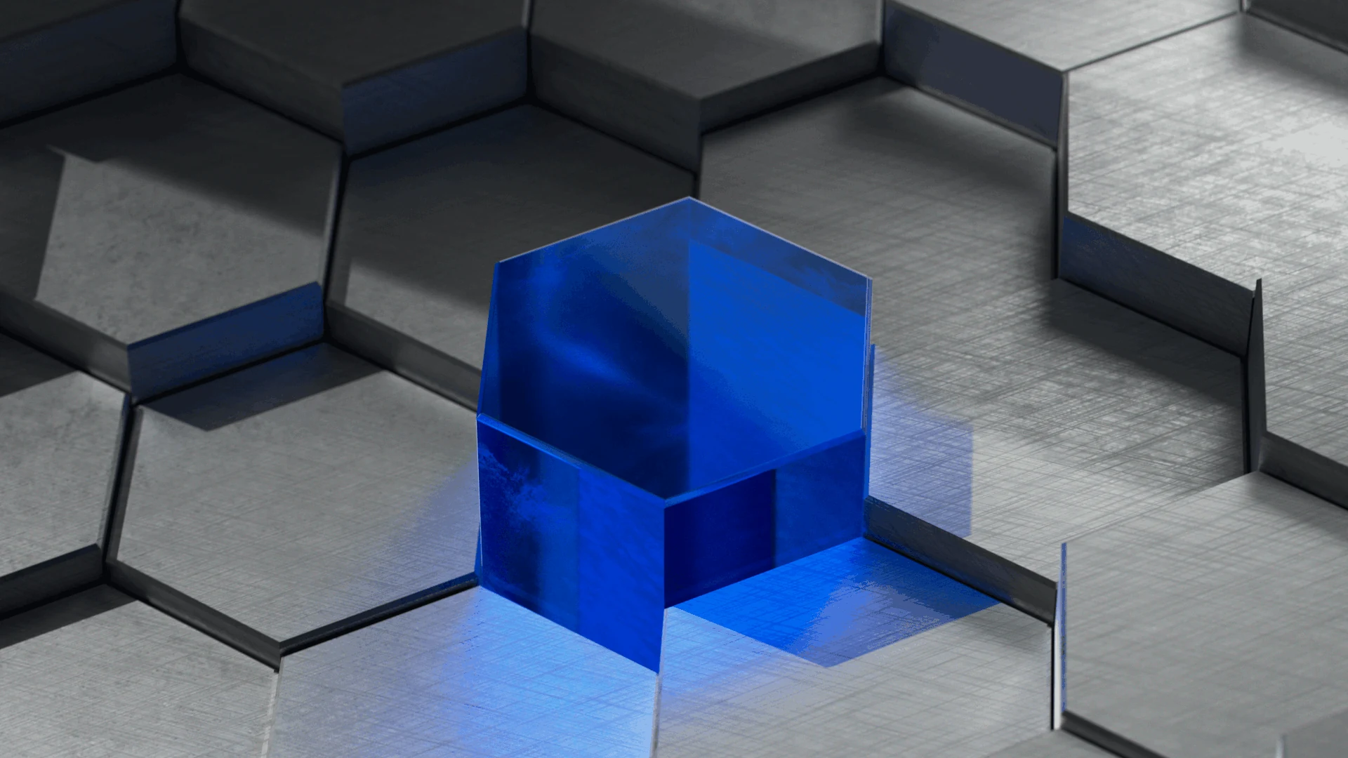 A translucent blue hexagonal form among metallic tiles