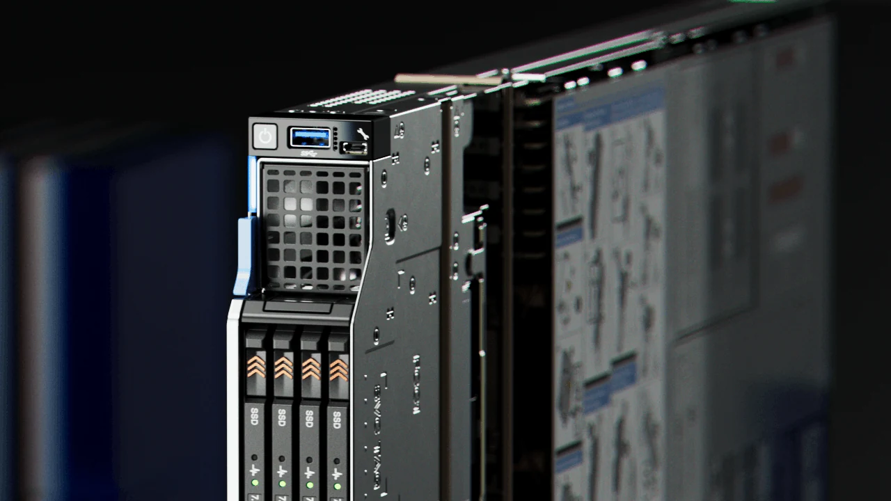 Close-up of a slim server module showing connectors and drive bays