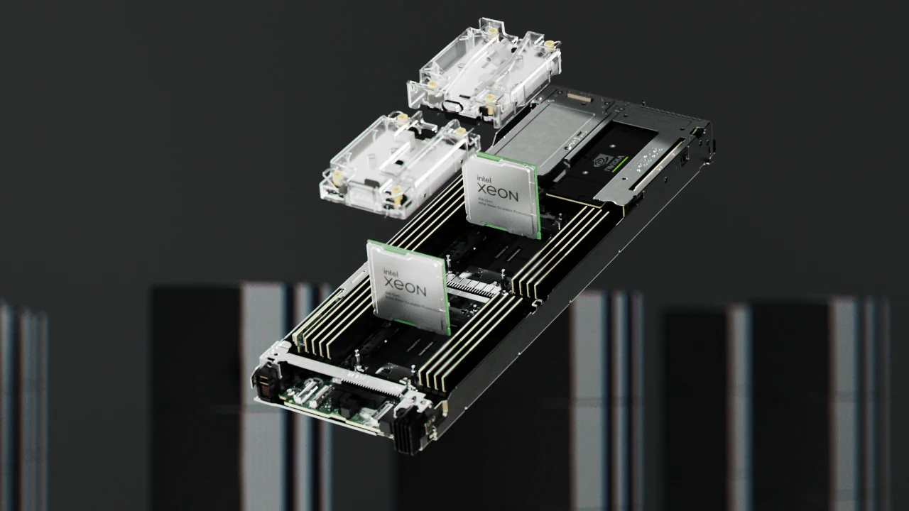 Exploded Dell server board with two processors suspended above their sockets