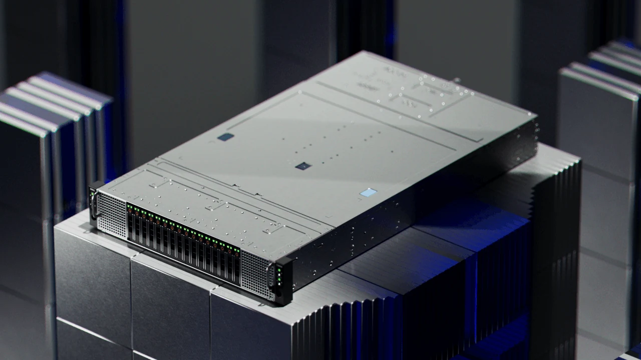 Dell server enclosure on a dark blue architectural plinth