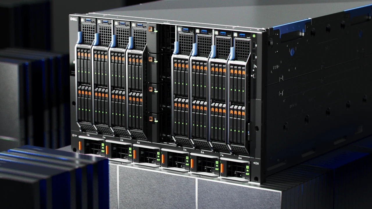 A row of server modules with detailed front panels
