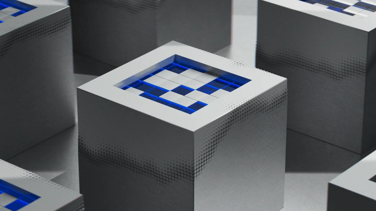 A blue geometric motif inset into a metallic platform