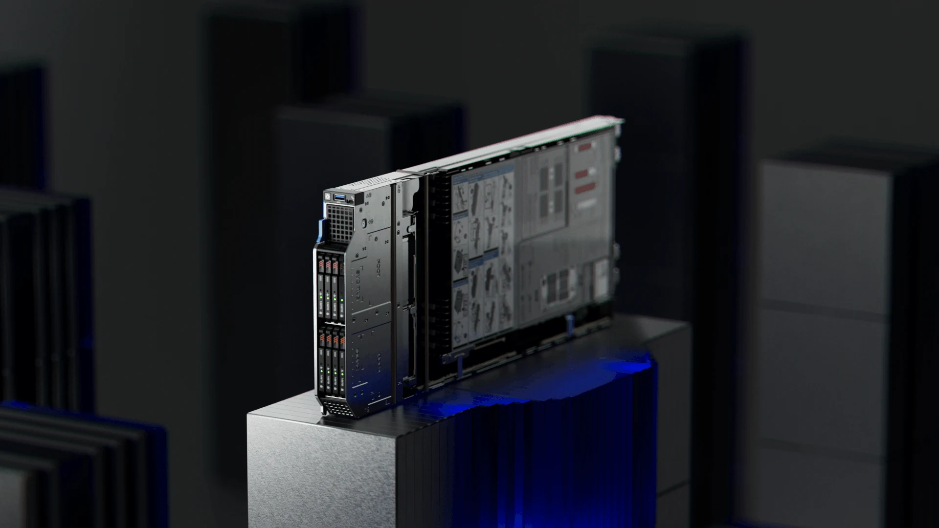Upright Dell server component on a dark blue illuminated plinth