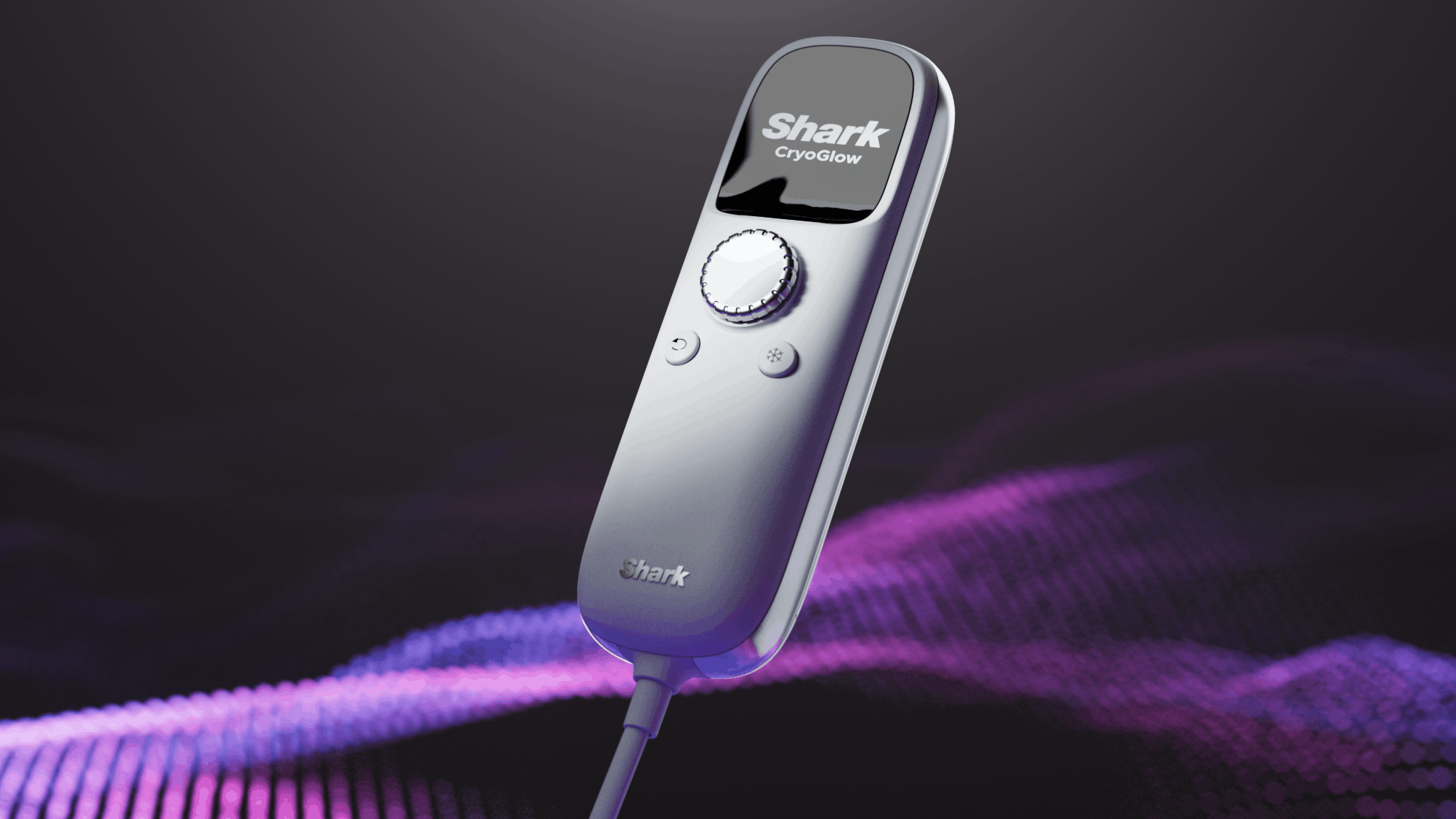 Shark CryoGlow controller floating above purple particle waves