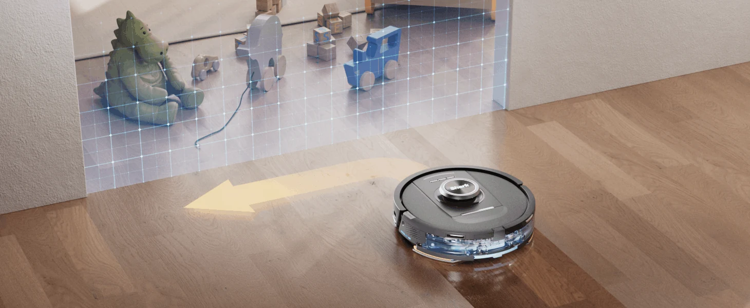 Shark robot vacuum beside a translucent room map in a home interior