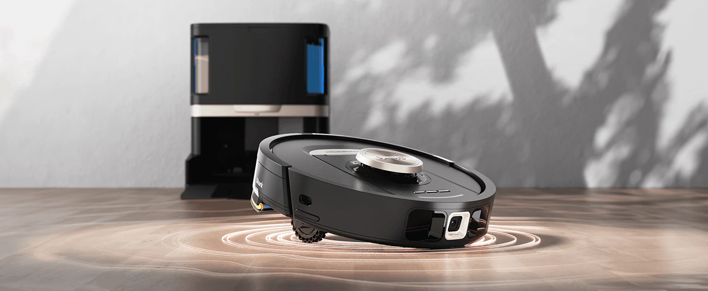 Black Shark robot vacuum and dock in a sunlit room